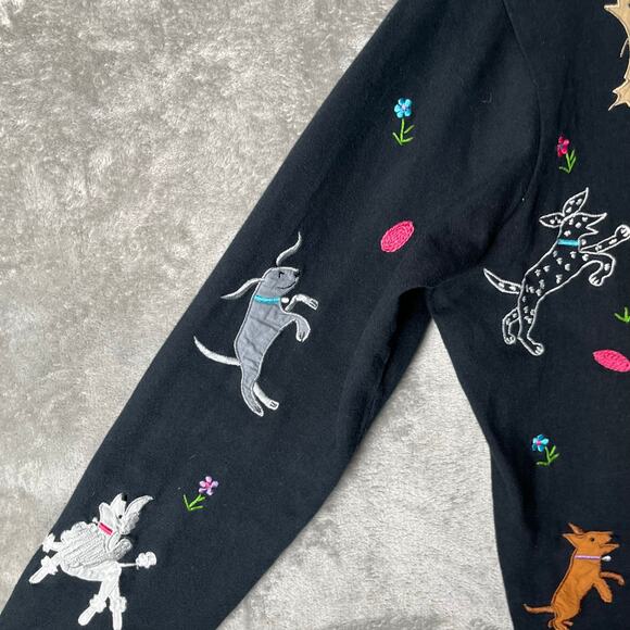 Vintage Whimsical Puppy Embroidered Cardigan Black Button Up Dog Lover Medium - Picture 4 of 7